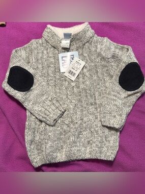 Cozy Cable Knit Mock Neck Sweater with Elbow Patches - Light Gray